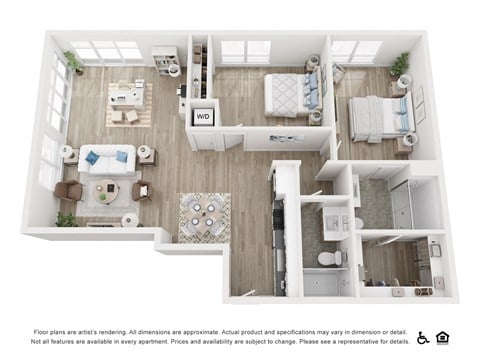 Floor plan for 2 beds, 2 baths, 1038 sqft